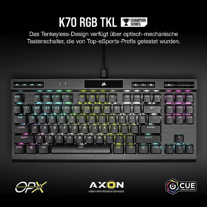 Corsair K70 RGB TKL Optisch-mechanische Gaming-Tastatur (RGB-LED-Hintergrundbeleuchtung, OPX-Tastenschalter, AXON Hyper-Processing-Technologie) Schwarz, CH-911901A-DE Corsair K70 RGB TKL Optisch-mechanische Gaming-Tastatur (RGB-LED-Hintergrundbeleuchtung, OPX-Tastenschalter, AXON Hyper-Processing-Technologie) Schwarz, CH-911901A-DE