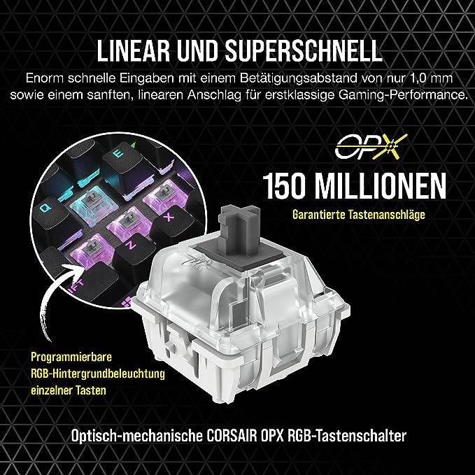 Corsair K70 RGB TKL Optisch-mechanische Gaming-Tastatur (RGB-LED-Hintergrundbeleuchtung, OPX-Tastenschalter, AXON Hyper-Processing-Technologie) Schwarz, CH-911901A-DE Corsair K70 RGB TKL Optisch-mechanische Gaming-Tastatur (RGB-LED-Hintergrundbeleuchtung, OPX-Tastenschalter, AXON Hyper-Processing-Technologie) Schwarz, CH-911901A-DE