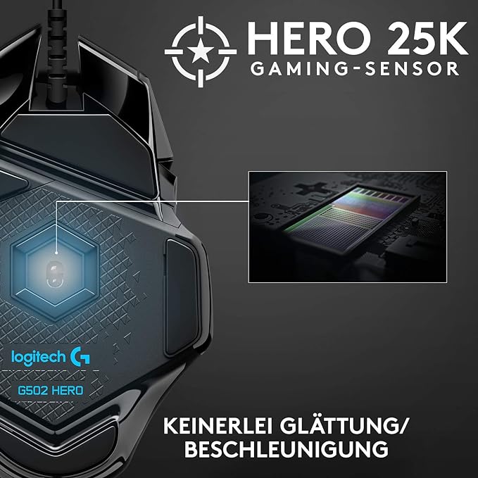 Logitech G502 HERO High-Performance Gaming-Maus mit HERO 25K DPI optischem Sensor, RGB-Beleuchtung, Gewichtstuning, 11 programmierbare Tasten, anpassbare Spielprofile, PC/Mac - Schwarz