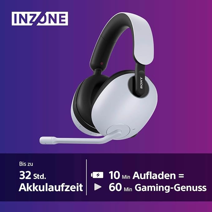 Sony INZONE H9 - Kabelloses Gaming Headset mit Noise Cancelling, 360-Raumklang für Gaming, bequeme Passform, 32h Akku, geringe Latenz, hochwertiges Boom-Mikrofon, kompatibel mit PC & PS5 - Weiß